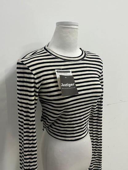 Justiger Black and White Striped Open Back Tie Cropped Long Sleeve Top, Slim Fit Versatile Unique Design Women's Top