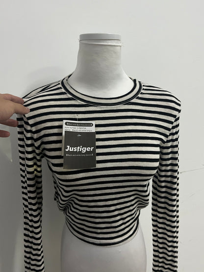 Justiger Black and White Striped Open Back Tie Cropped Long Sleeve Top, Slim Fit Versatile Unique Design Women's Top