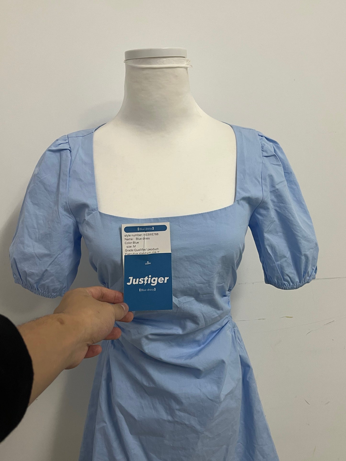 Justiger French Square Neck Puff Sleeve Cutout Waist Dress