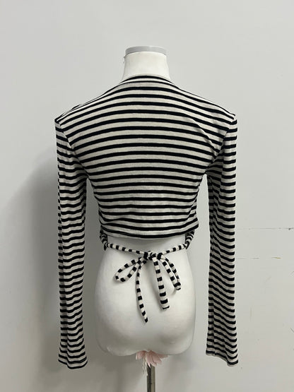 Justiger Black and White Striped Open Back Tie Cropped Long Sleeve Top, Slim Fit Versatile Unique Design Women's Top