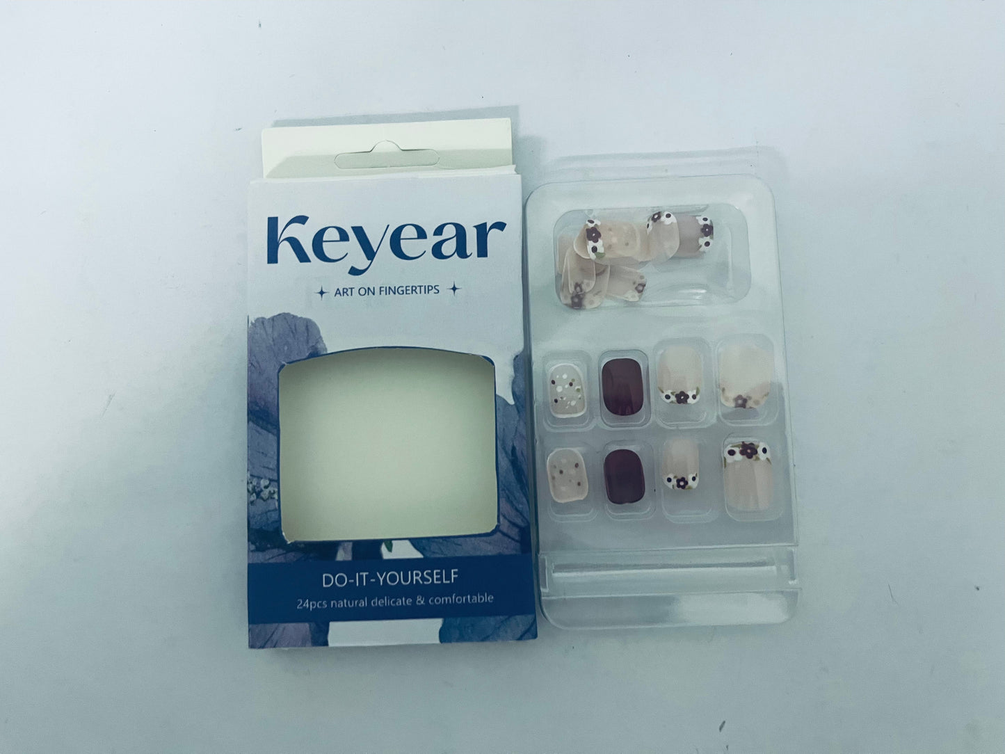 Keyear 24PCS DIY Press on Nails, Natural Delicate & Comfortable Fake Nails with Floral & Elegant Dark Design for Daily & Party Wear