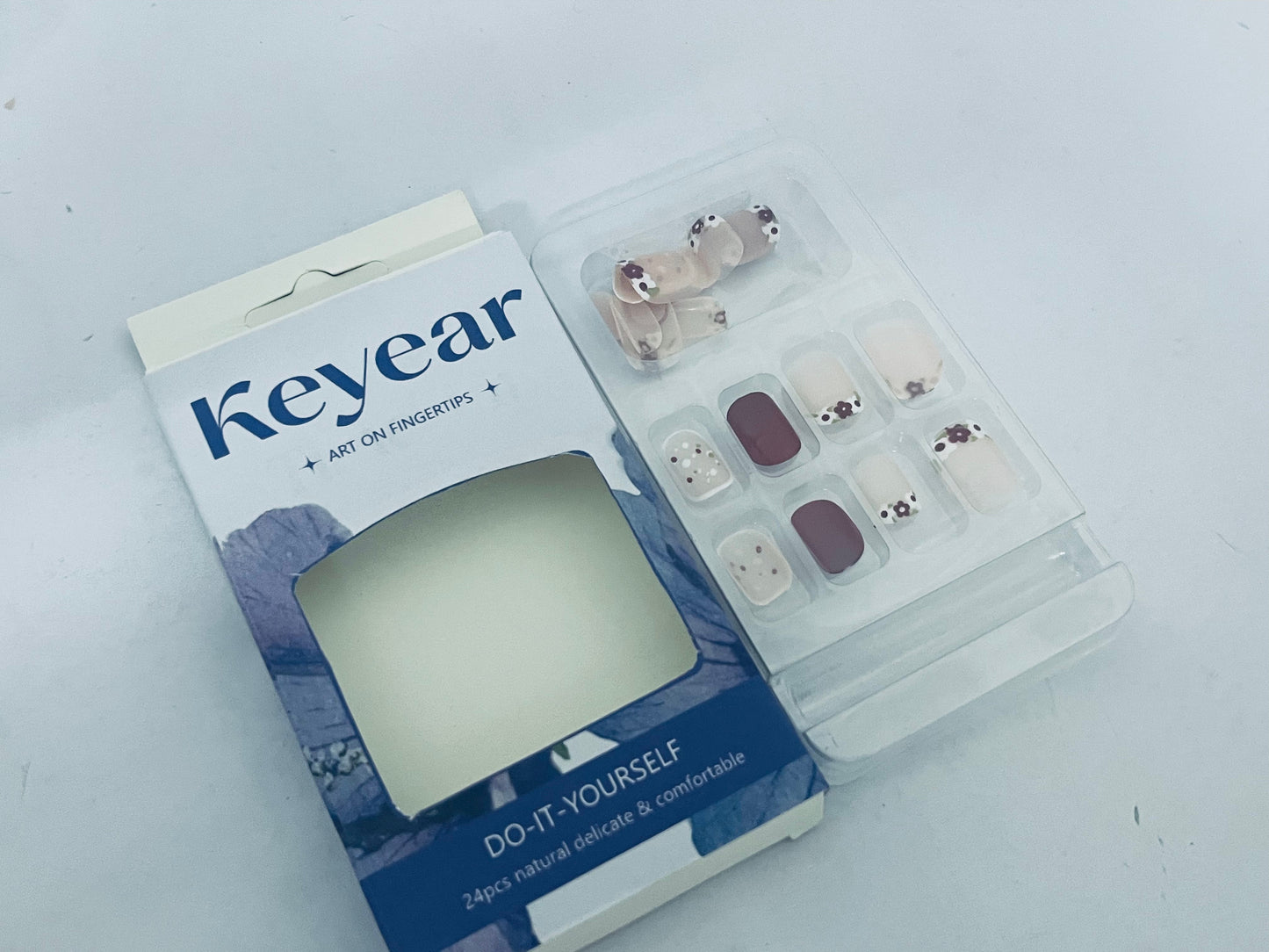 Keyear 24PCS DIY Press on Nails, Natural Delicate & Comfortable Fake Nails with Floral & Elegant Dark Design for Daily & Party Wear