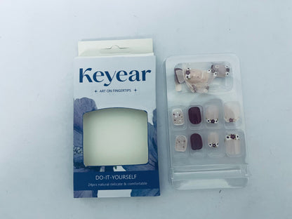 Keyear 24PCS DIY Press on Nails, Natural Delicate & Comfortable Fake Nails with Floral & Elegant Dark Design for Daily & Party Wear