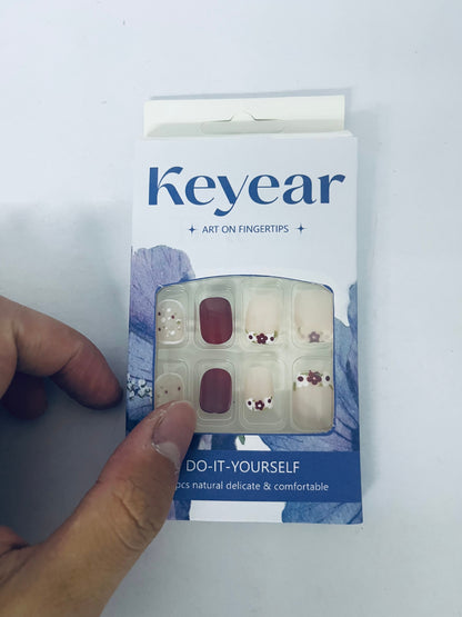 Keyear 24PCS DIY Press on Nails, Natural Delicate & Comfortable Fake Nails with Floral & Elegant Dark Design for Daily & Party Wear