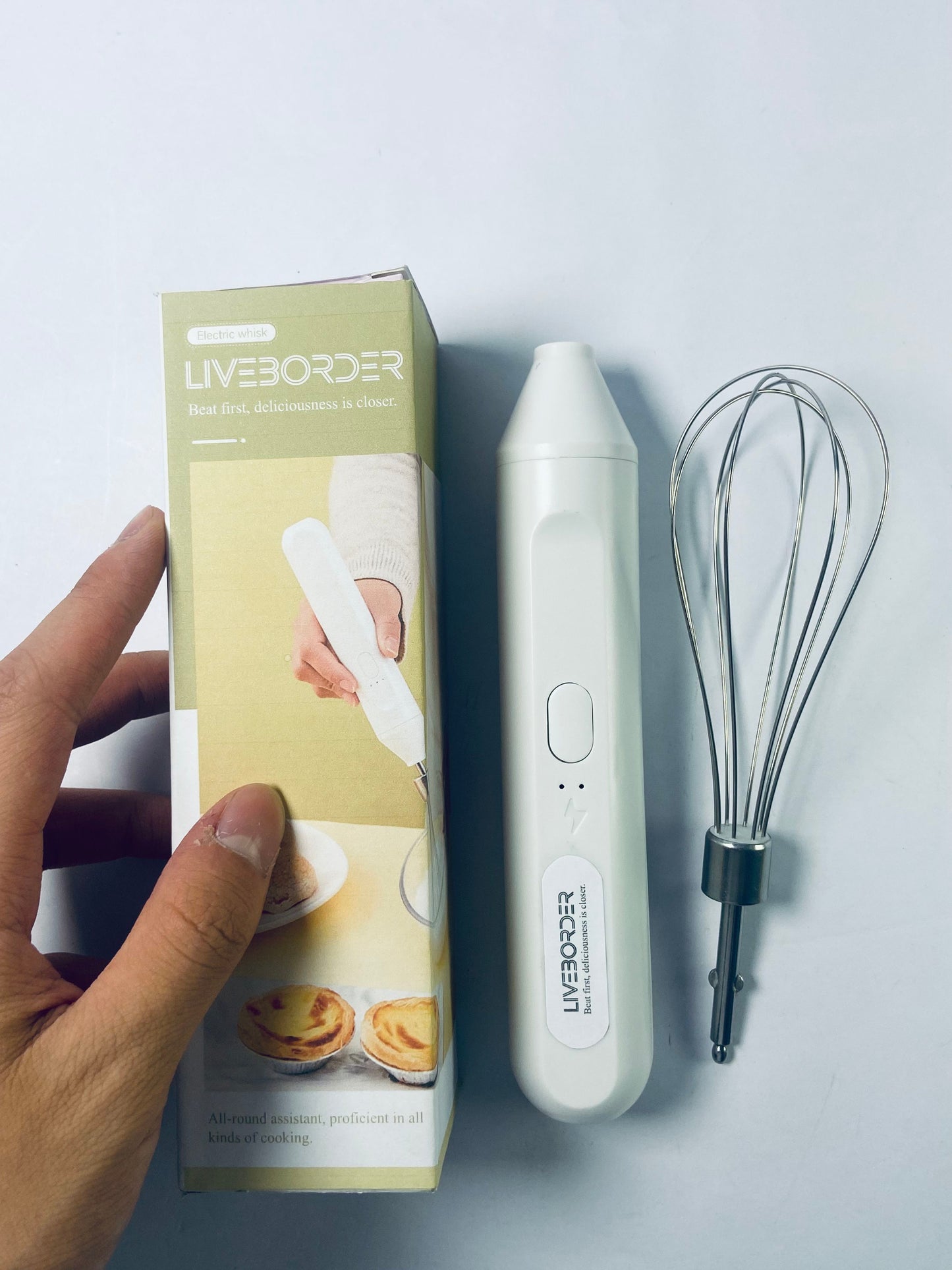 LIVEBORDER Cordless Hand Mixer, Handheld Electric Whisk with 3 Speed Modes, Hand Held Egg Beater with 2 Detachable Stir Whisks