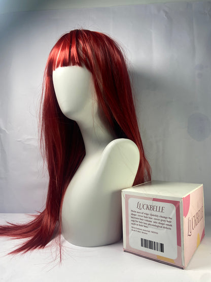 LUCKBELLE Long Straight Wig, Black and Purple, Gradient Pink,Omber Coral Red,Brown-gray Gradient Hair Wig with Bangs,Wine red