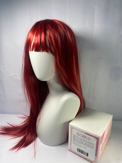 LUCKBELLE Long Straight Wig, Black and Purple, Gradient Pink,Omber Coral Red,Brown-gray Gradient Hair Wig with Bangs,Wine red