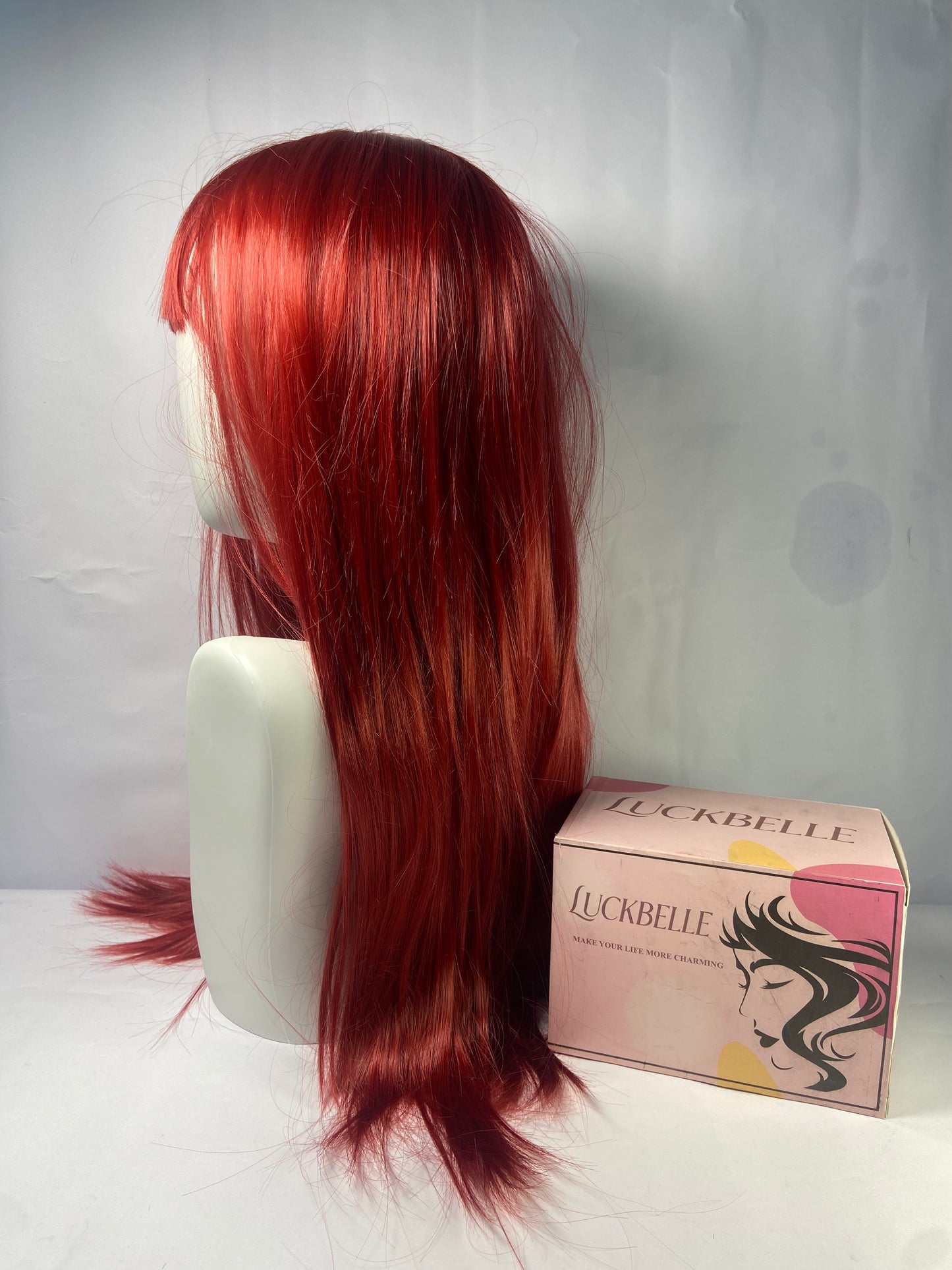 LUCKBELLE Long Straight Wig, Black and Purple, Gradient Pink,Omber Coral Red,Brown-gray Gradient Hair Wig with Bangs,Wine red