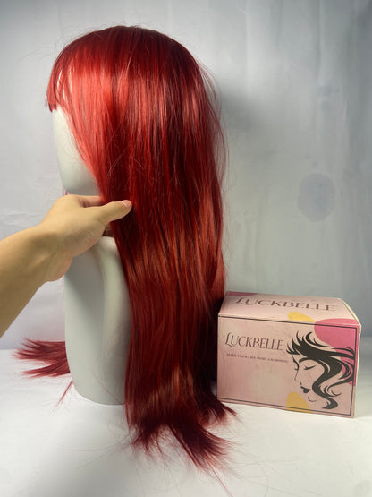 LUCKBELLE Long Straight Wig, Black and Purple, Gradient Pink,Omber Coral Red,Brown-gray Gradient Hair Wig with Bangs,Wine red
