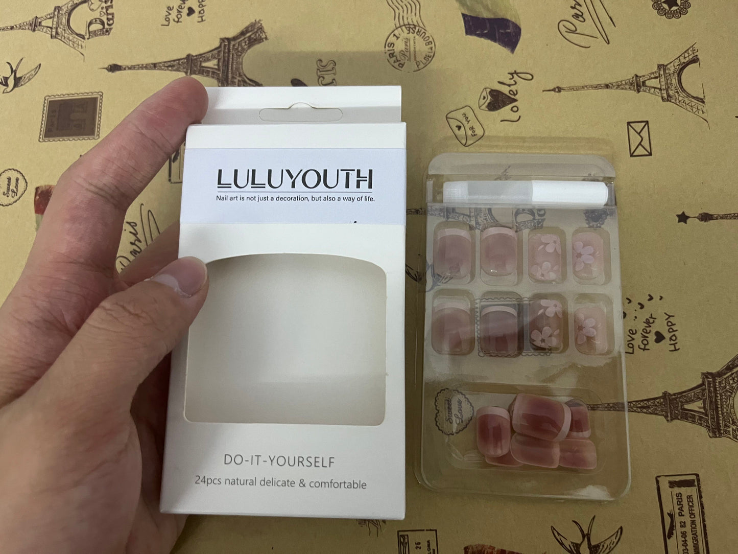 LULUYOUTH Semi Cured Gel Nail Strips Mauve Pink Cat Eye Gel Nail Wraps Gift for Woman (Peachy Gleam)