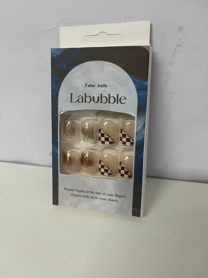 [Labubble False nails]——Checkerboard & Gold Foil Press-On Nails - Short Square Round Elegant Nail Tips