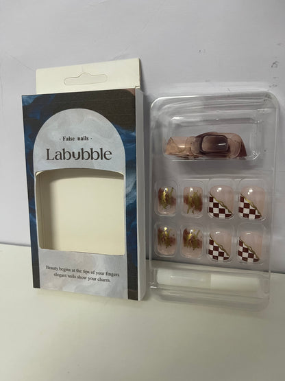 [Labubble False nails]——Checkerboard & Gold Foil Press-On Nails - Short Square Round Elegant Nail Tips