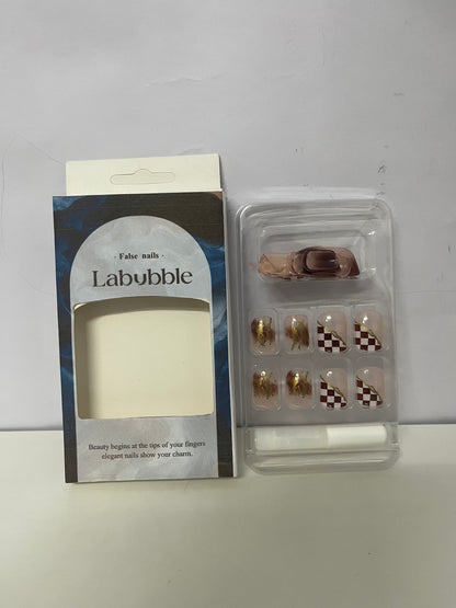 [Labubble False nails]——Checkerboard & Gold Foil Press-On Nails - Short Square Round Elegant Nail Tips