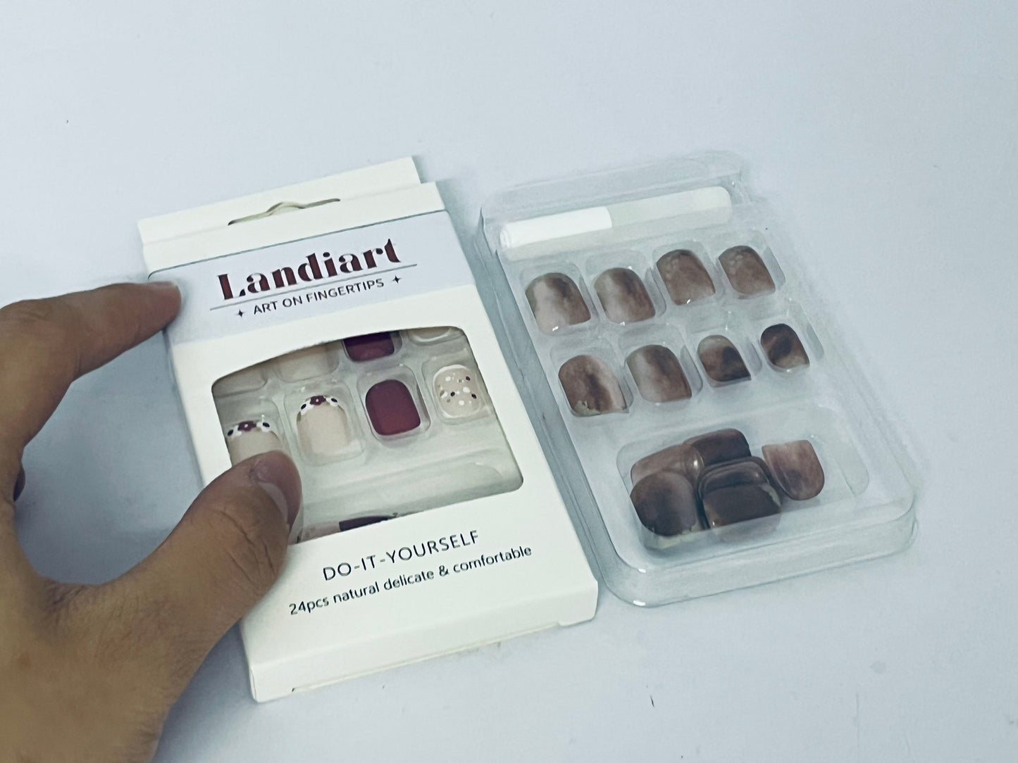 Landiart Press on Nails Extra Short Squoval, Spring Summer Jelly Gel Glue on Nails, 24Pcs Glossy Round Reusable UV Finish Fake Nails Acrylic False Nails Manicure Kits for Women