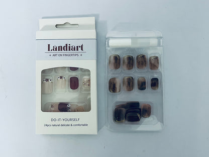 Landiart Press on Nails Extra Short Squoval, Spring Summer Jelly Gel Glue on Nails, 24Pcs Glossy Round Reusable UV Finish Fake Nails Acrylic False Nails Manicure Kits for Women