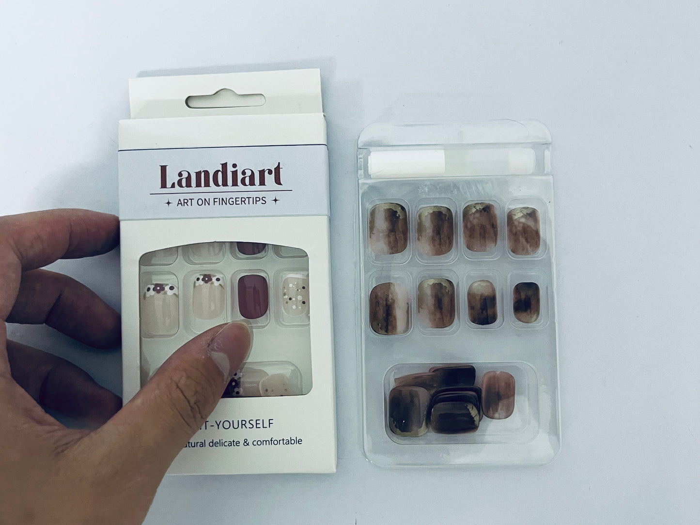 Landiart Press on Nails Extra Short Squoval, Spring Summer Jelly Gel Glue on Nails, 24Pcs Glossy Round Reusable UV Finish Fake Nails Acrylic False Nails Manicure Kits for Women