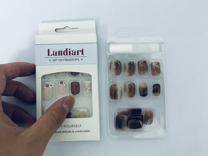 Landiart Press on Nails Extra Short Squoval, Spring Summer Jelly Gel Glue on Nails, 24Pcs Glossy Round Reusable UV Finish Fake Nails Acrylic False Nails Manicure Kits for Women