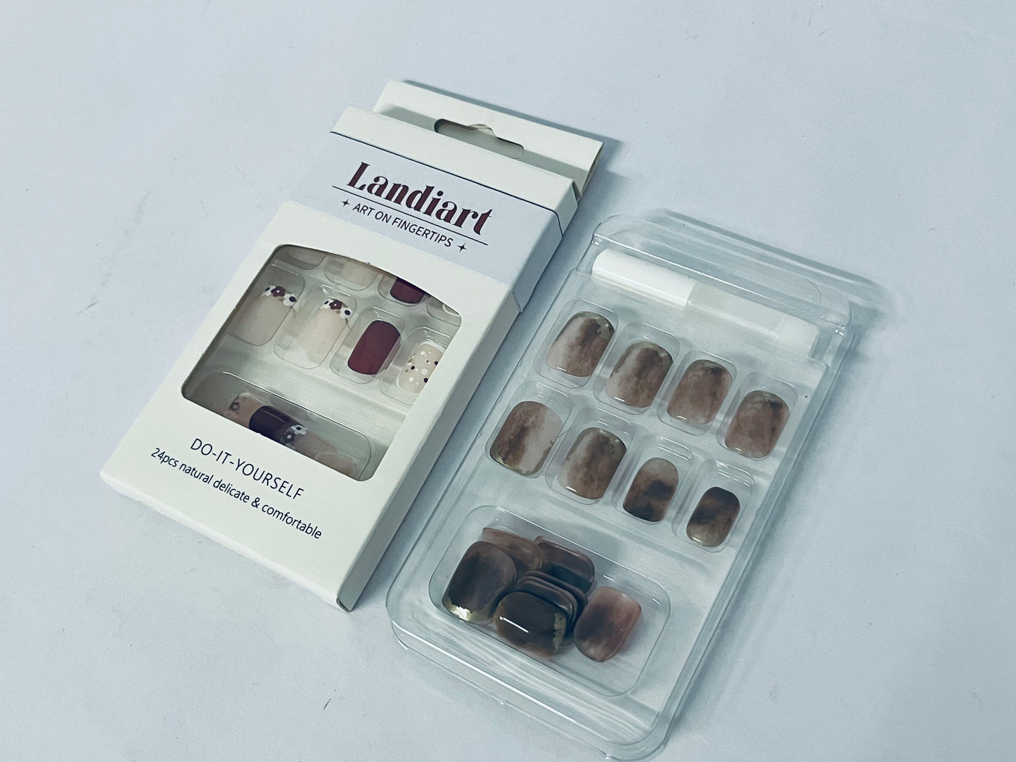 Landiart Press on Nails Extra Short Squoval, Spring Summer Jelly Gel Glue on Nails, 24Pcs Glossy Round Reusable UV Finish Fake Nails Acrylic False Nails Manicure Kits for Women