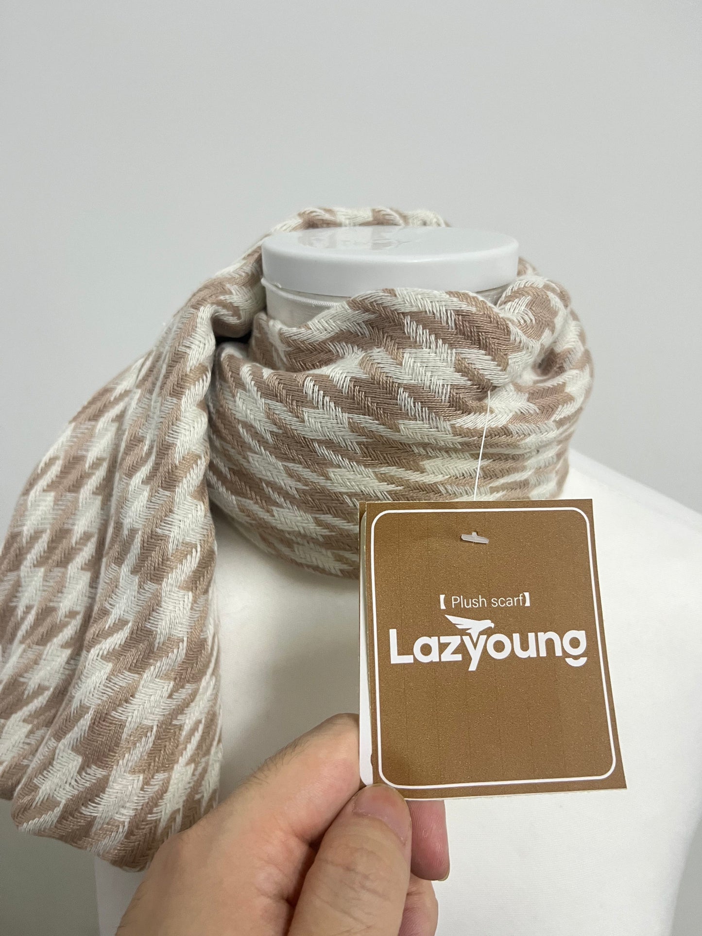 Lazyoung Light Brown Scarf - 100% Polyester Plush with Houndstooth Pattern & Fringed Details