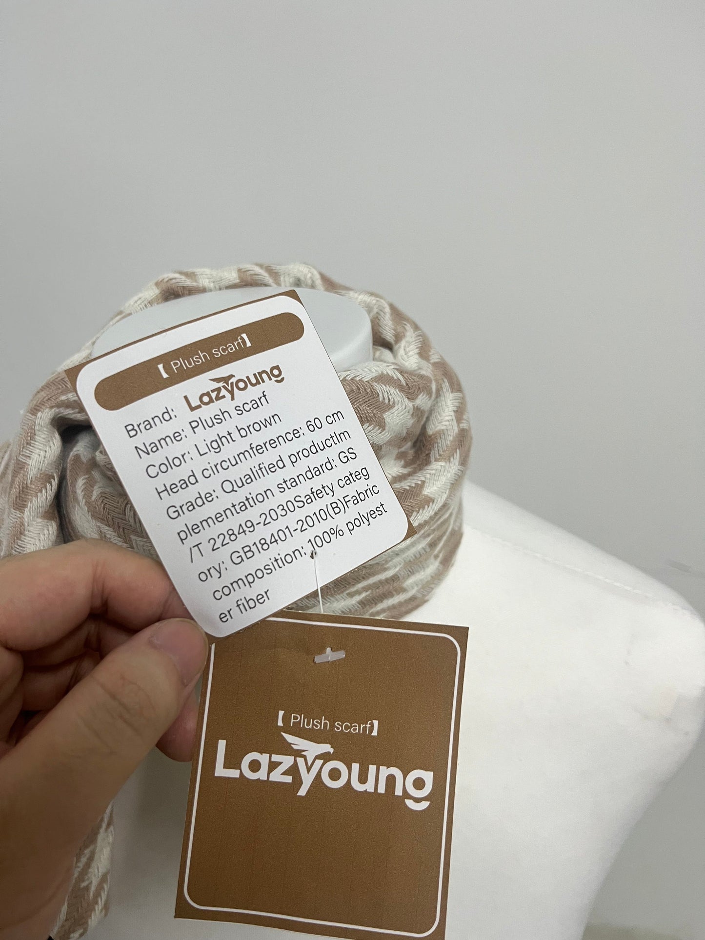 Lazyoung Light Brown Scarf - 100% Polyester Plush with Houndstooth Pattern & Fringed Details