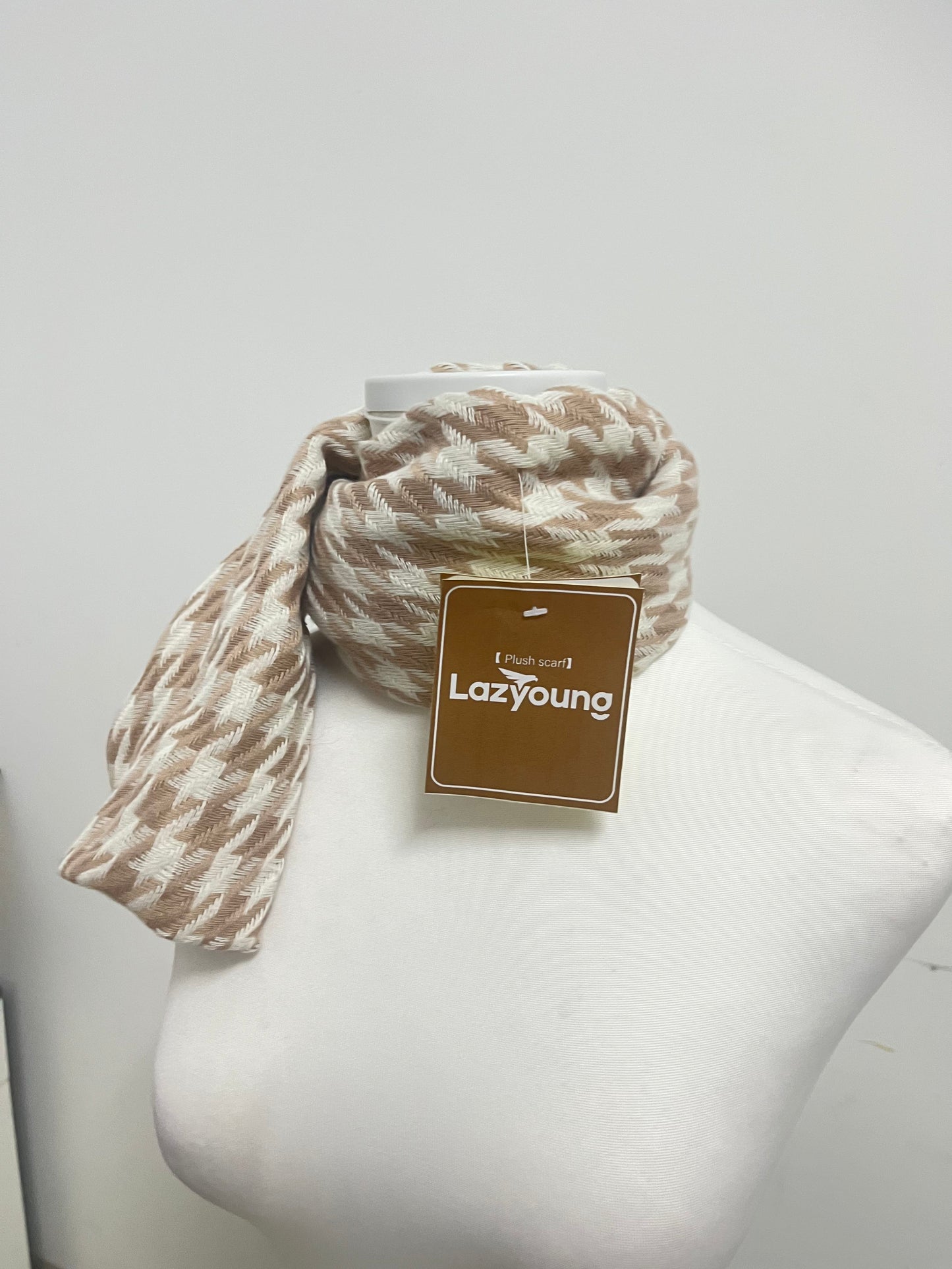 Lazyoung Light Brown Scarf - 100% Polyester Plush with Houndstooth Pattern & Fringed Details
