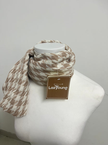 Lazyoung Light Brown Scarf - 100% Polyester Plush with Houndstooth Pattern & Fringed Details