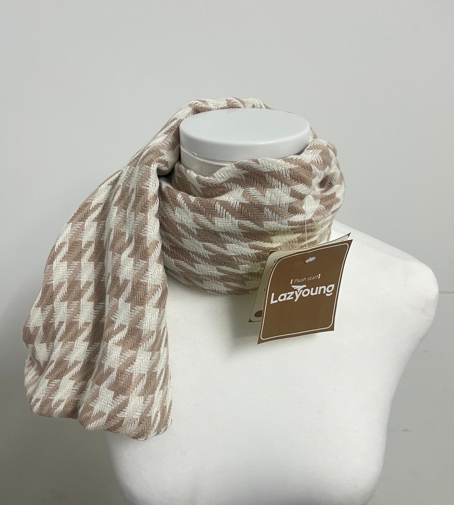 Lazyoung Light Brown Scarf - 100% Polyester Plush with Houndstooth Pattern & Fringed Details