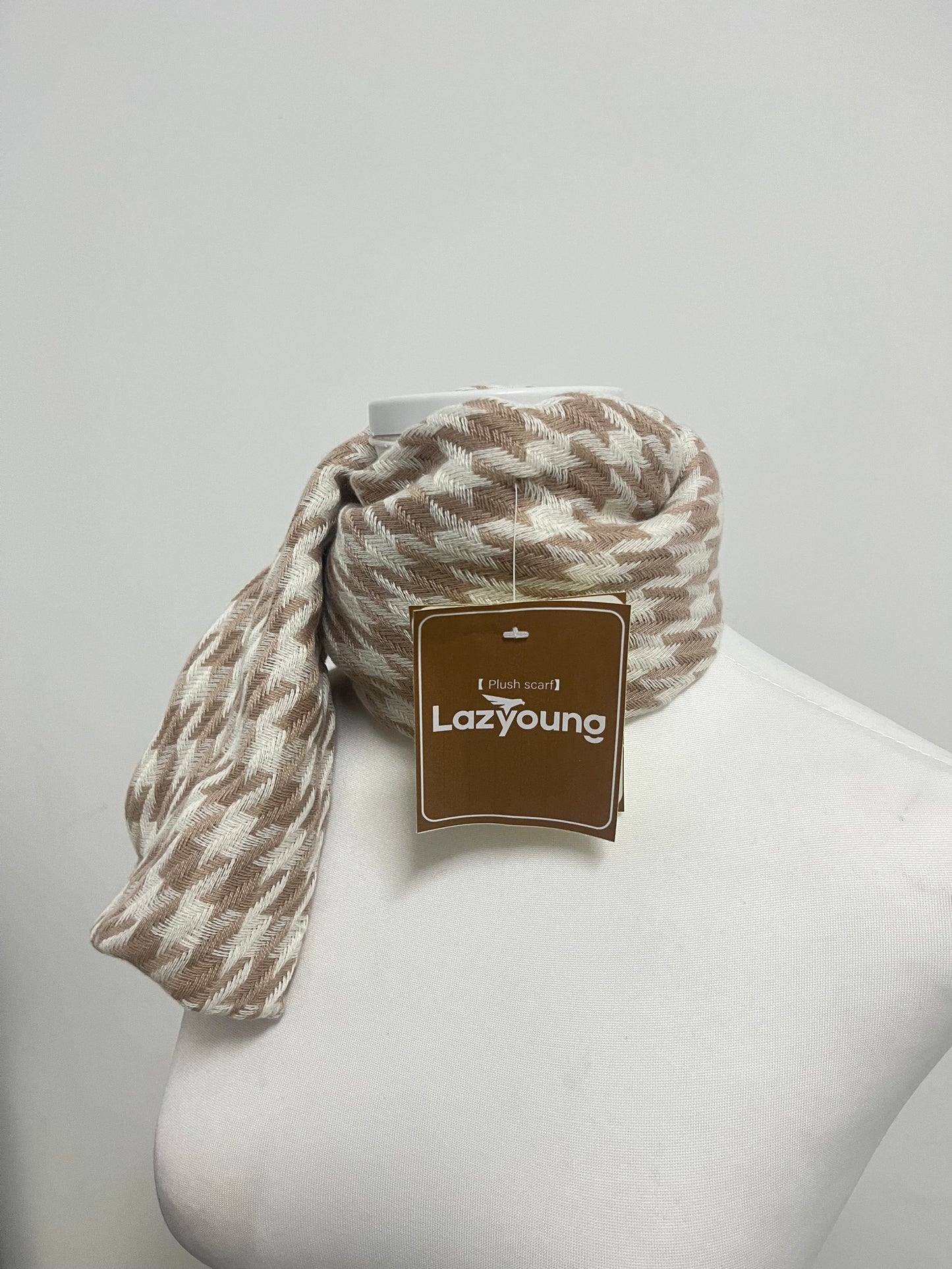 Lazyoung Light Brown Scarf - 100% Polyester Plush with Houndstooth Pattern & Fringed Details