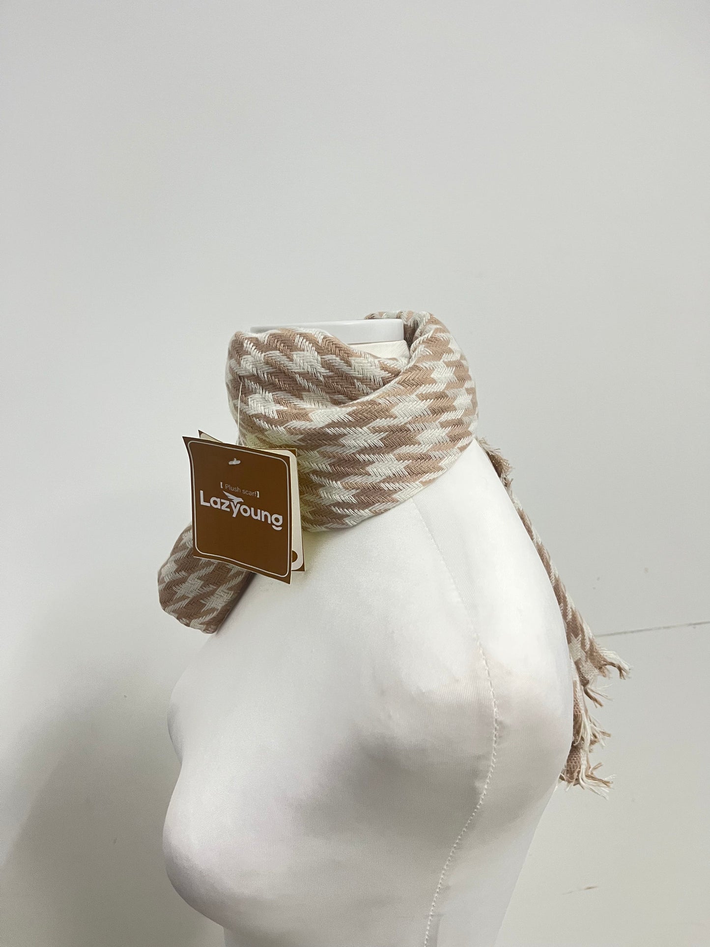 Lazyoung Light Brown Scarf - 100% Polyester Plush with Houndstooth Pattern & Fringed Details