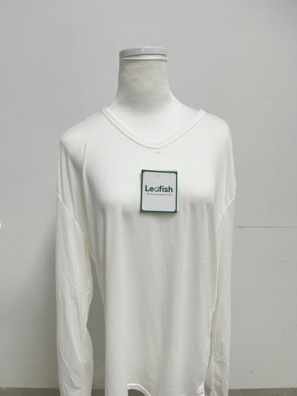 Leafish White V-Neck Long-Sleeve Casual T-Shirt