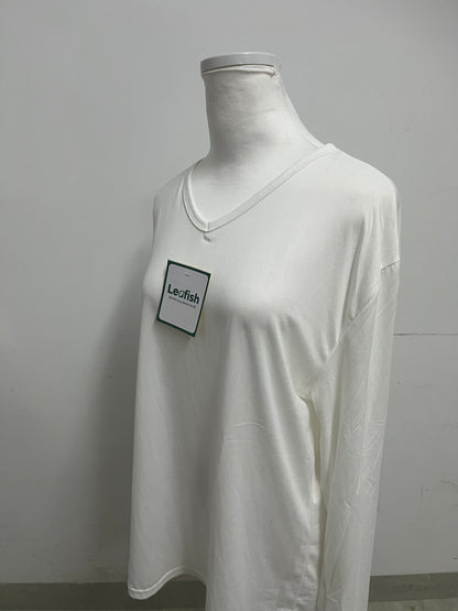 Leafish White V-Neck Long-Sleeve Casual T-Shirt