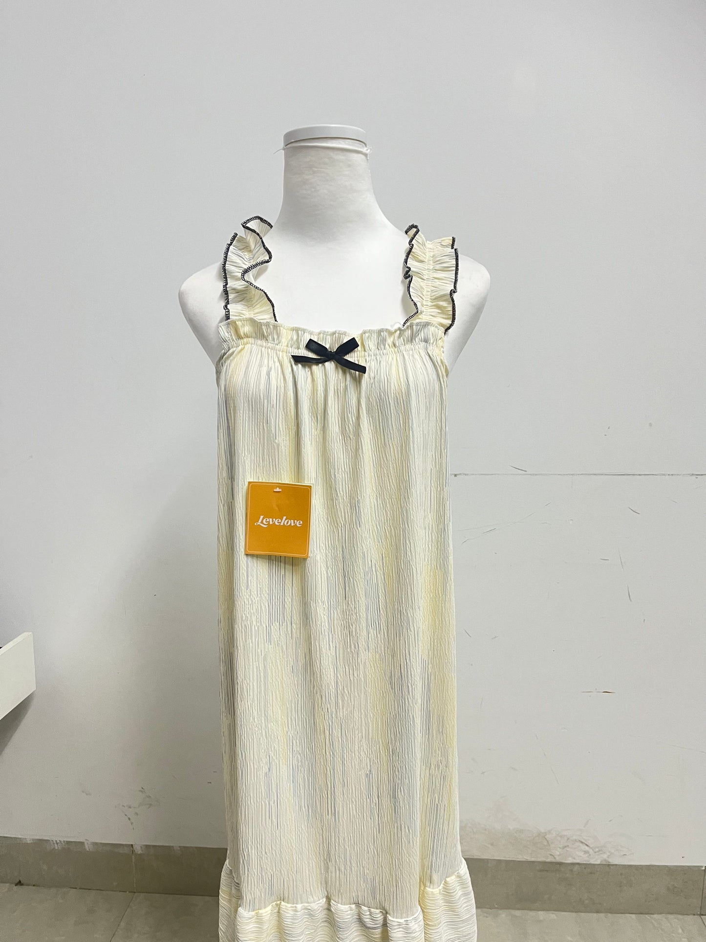 Levelove French Sweet Camisole Nightgown - Pleated Texture Breathable Home Long Dress
