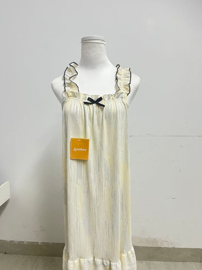 Levelove French Sweet Camisole Nightgown - Pleated Texture Breathable Home Long Dress