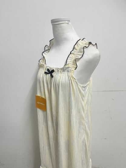 Levelove French Sweet Camisole Nightgown - Pleated Texture Breathable Home Long Dress