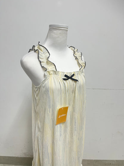 Levelove French Sweet Camisole Nightgown - Pleated Texture Breathable Home Long Dress