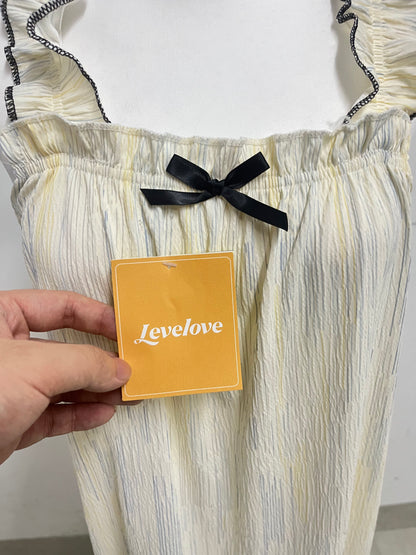 Levelove French Sweet Camisole Nightgown - Pleated Texture Breathable Home Long Dress