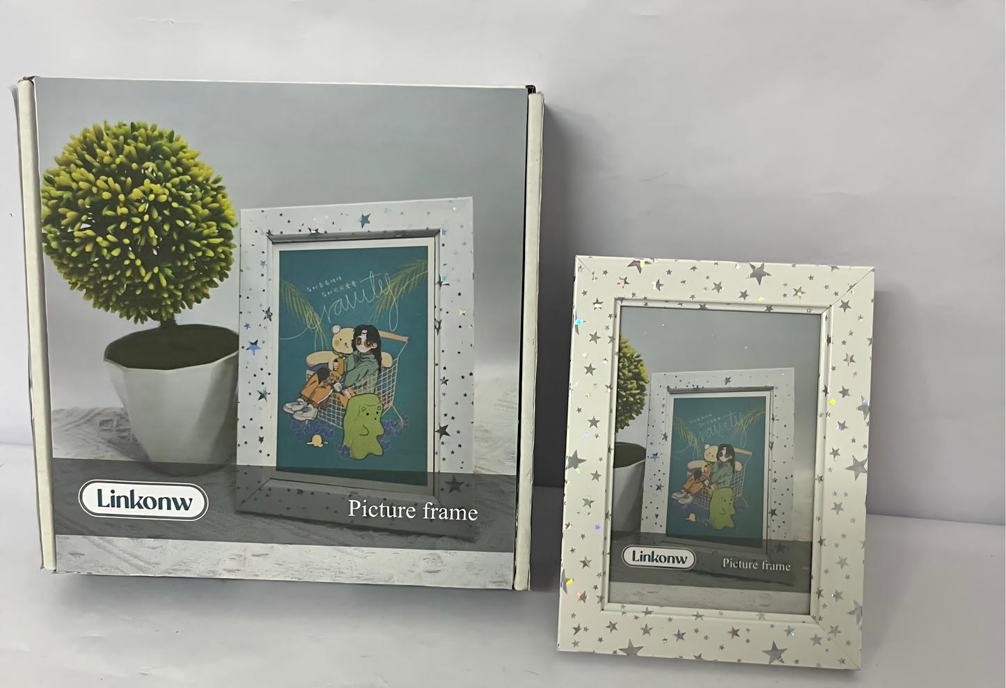 Linkonw 4x6 Picture Frame - 1pcs White Enamel Glass Photo Frame with Silver Metal Edge & Easel for Display Picture Frame on Countertops, Tabletops, Bookshelves, Desks, Walls (White/Silver)