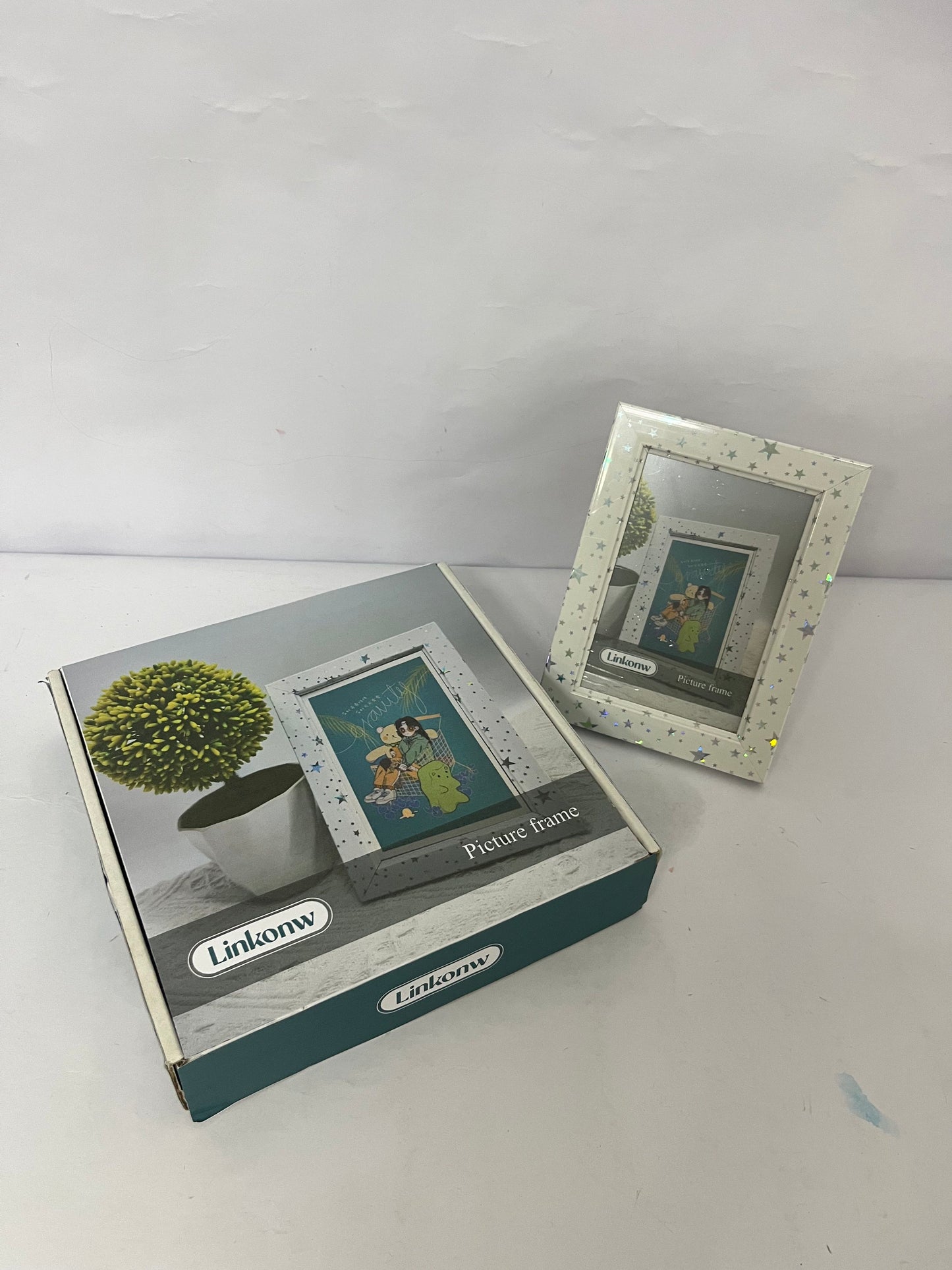 Linkonw 4x6 Picture Frame - 1pcs White Enamel Glass Photo Frame with Silver Metal Edge & Easel for Display Picture Frame on Countertops, Tabletops, Bookshelves, Desks, Walls (White/Silver)