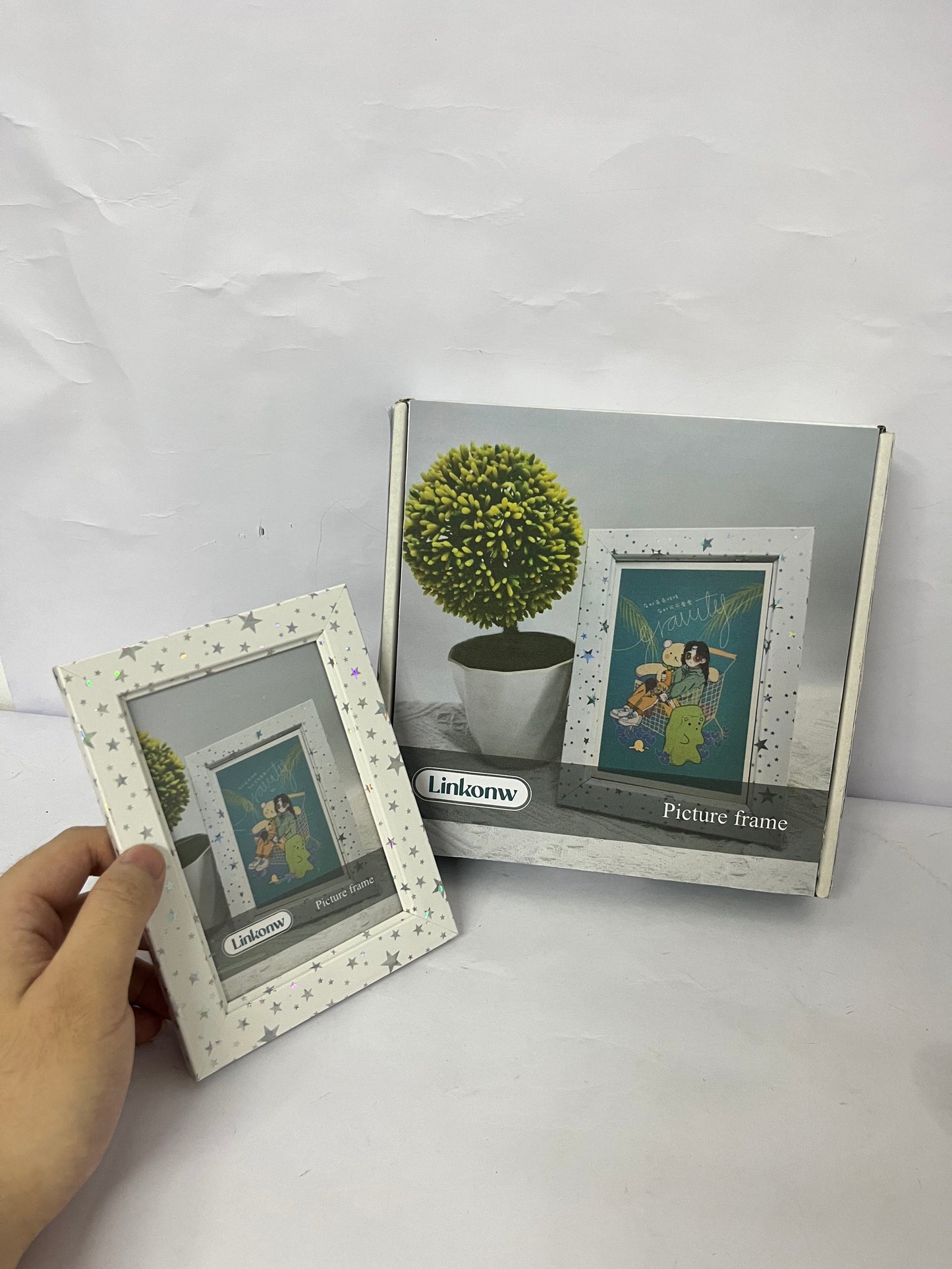 Linkonw 4x6 Picture Frame - 1pcs White Enamel Glass Photo Frame with Silver Metal Edge & Easel for Display Picture Frame on Countertops, Tabletops, Bookshelves, Desks, Walls (White/Silver)