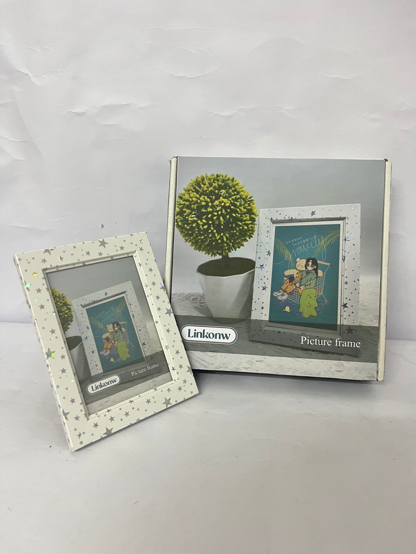Linkonw 4x6 Picture Frame - 1pcs White Enamel Glass Photo Frame with Silver Metal Edge & Easel for Display Picture Frame on Countertops, Tabletops, Bookshelves, Desks, Walls (White/Silver)