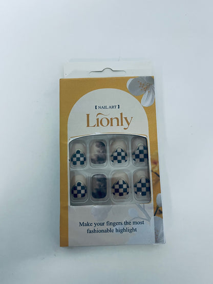 Lionly Checkerboard & Smudge Press on Nails Set, Fashionable & Convenient Fake Nails for Trendy Fingertip Look