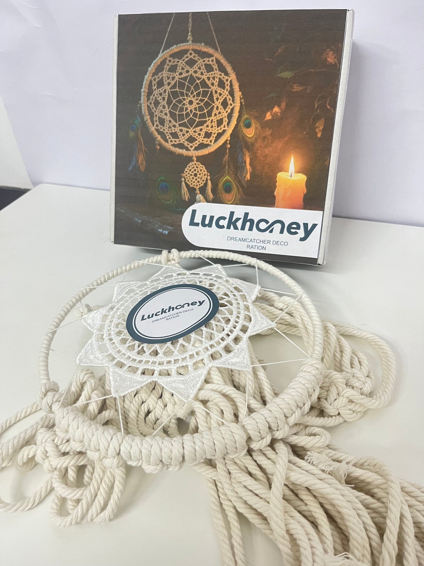 【Luckhoney Bohemian Beige Rope & Lace Dream Catcher】—— Artistic Wall/Window Decor for Cozy Home & Nursery Ambiance