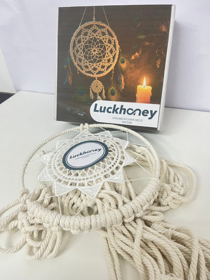 【Luckhoney Bohemian Beige Rope & Lace Dream Catcher】—— Artistic Wall/Window Decor for Cozy Home & Nursery Ambiance