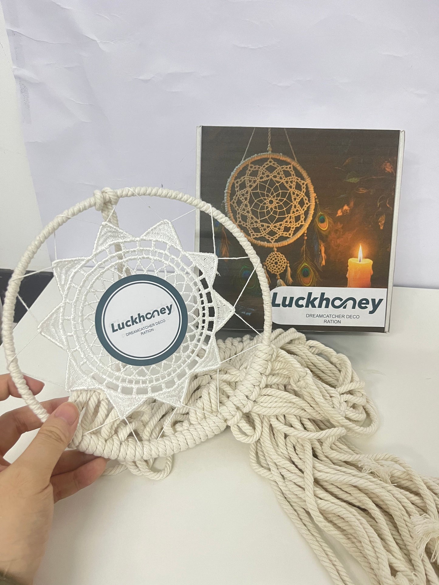 【Luckhoney Bohemian Beige Rope & Lace Dream Catcher】—— Artistic Wall/Window Decor for Cozy Home & Nursery Ambiance