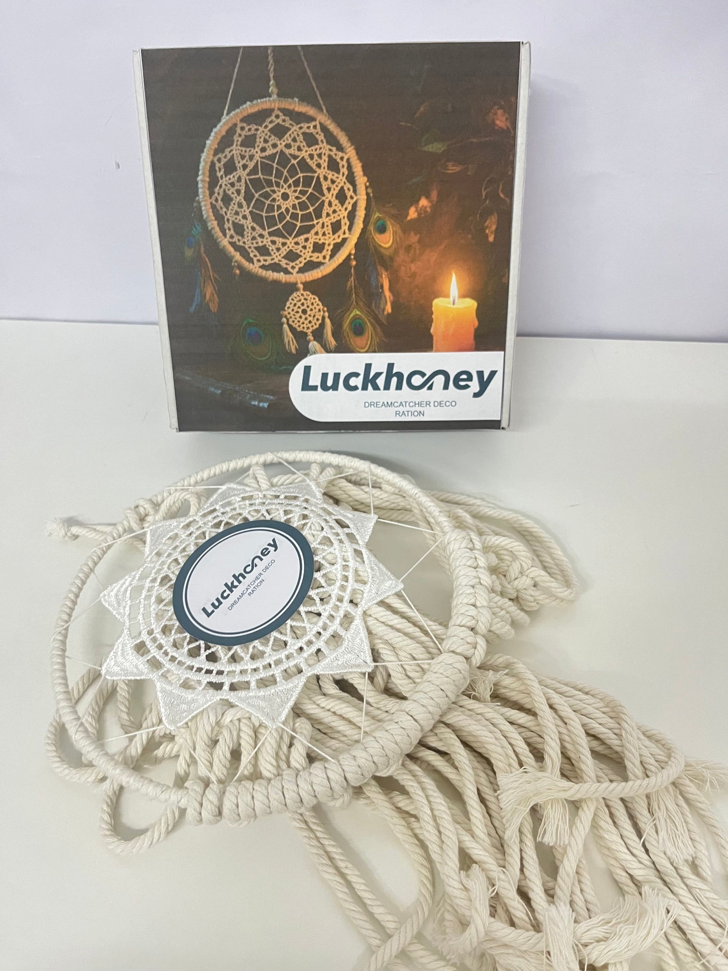 【Luckhoney Bohemian Beige Rope & Lace Dream Catcher】—— Artistic Wall/Window Decor for Cozy Home & Nursery Ambiance