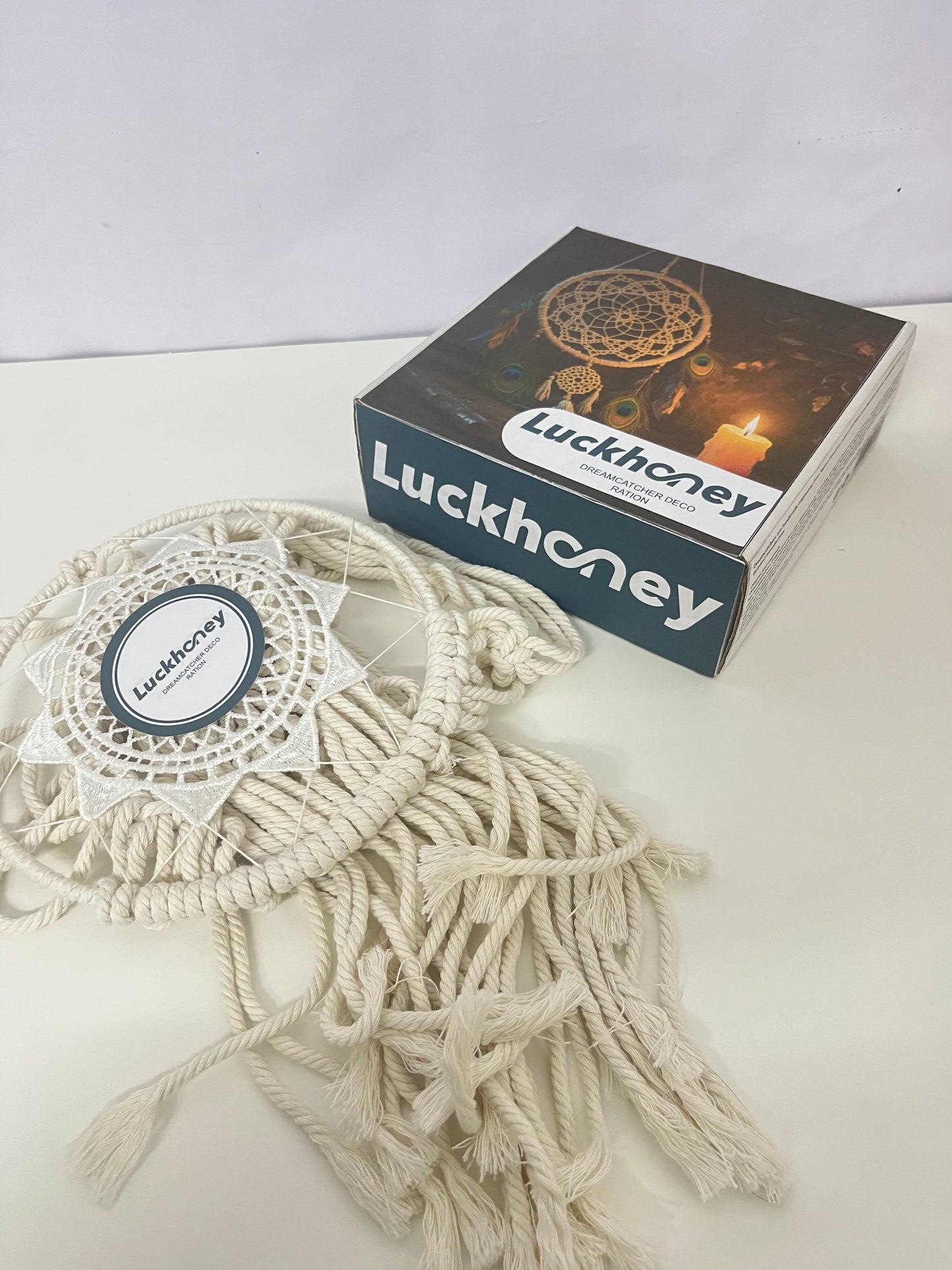 【Luckhoney Bohemian Beige Rope & Lace Dream Catcher】—— Artistic Wall/Window Decor for Cozy Home & Nursery Ambiance