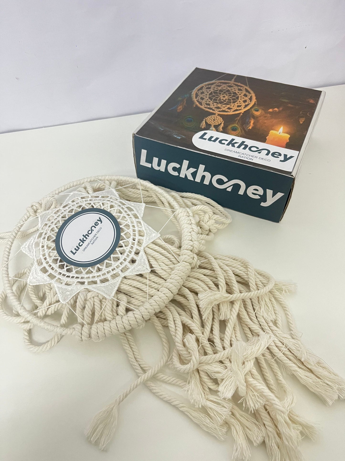 【Luckhoney Bohemian Beige Rope & Lace Dream Catcher】—— Artistic Wall/Window Decor for Cozy Home & Nursery Ambiance