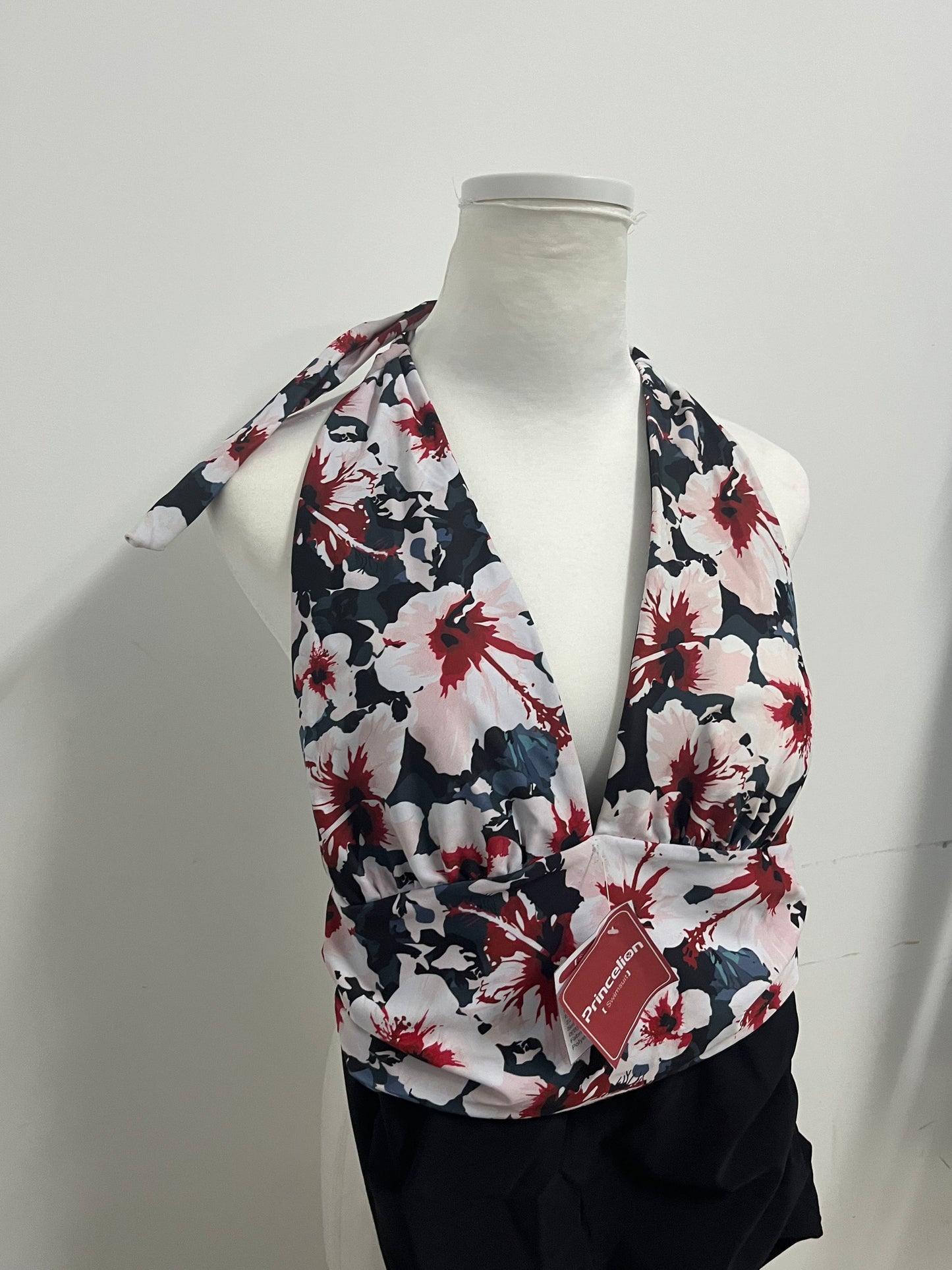 [Princelion Swimsuits]——Princelion Tropical Floral Halter One-Piece Swimsuit - Deep V Waist-Cinching Resort Swimwear