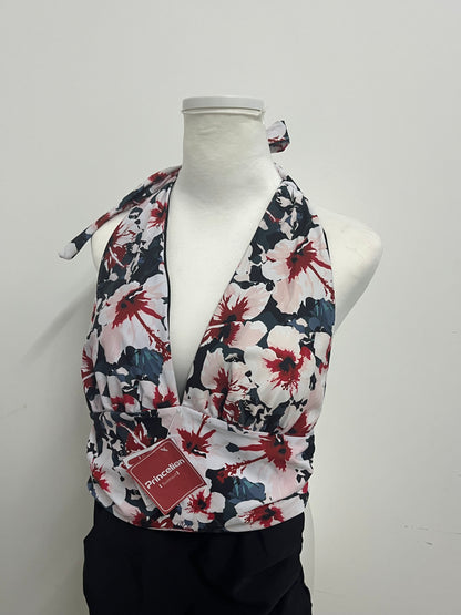 [Princelion Swimsuits]——Princelion Tropical Floral Halter One-Piece Swimsuit - Deep V Waist-Cinching Resort Swimwear