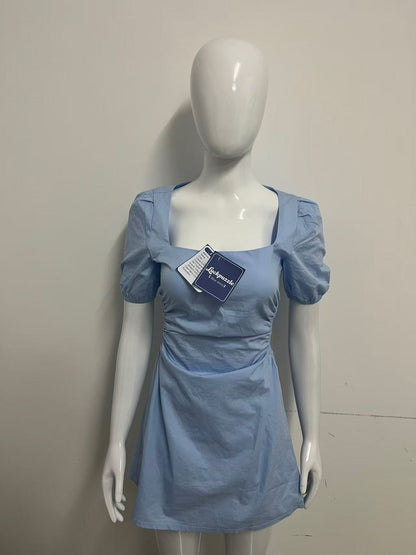 [Luckpuzzle Dresses]——Luckpuzzle French Square Neck Puff Sleeve Dress - Waist-Cinching Backless A-Line Mini Dress